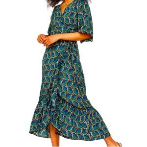 Silk & Salt Journey Maxi Wrap Dress in African Peacock Flowy V Neck Print SZ S
